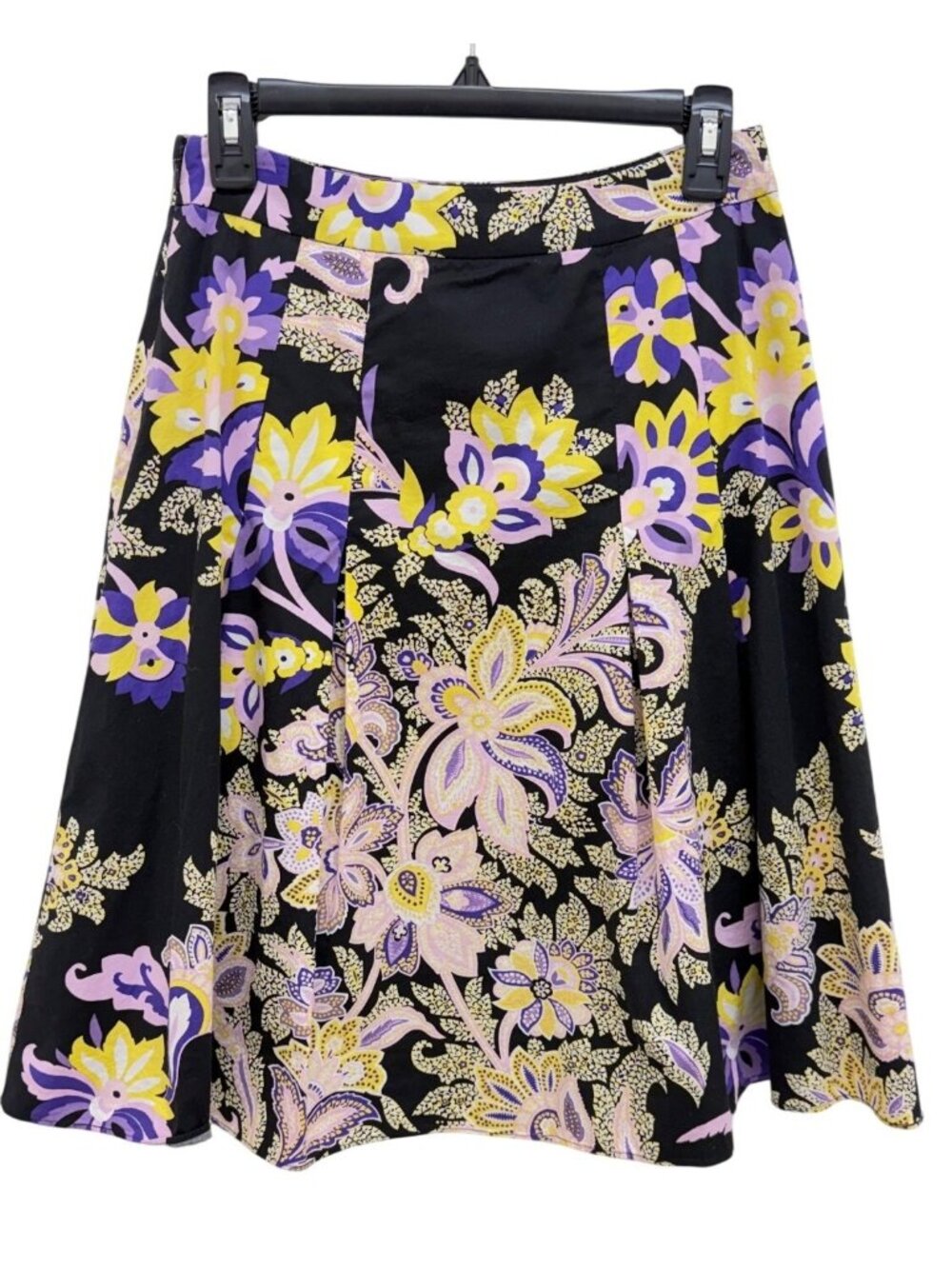 Tahari Black Floral A‑Line Skirt with Yellow & Lavender Print Midi length Sz 8
